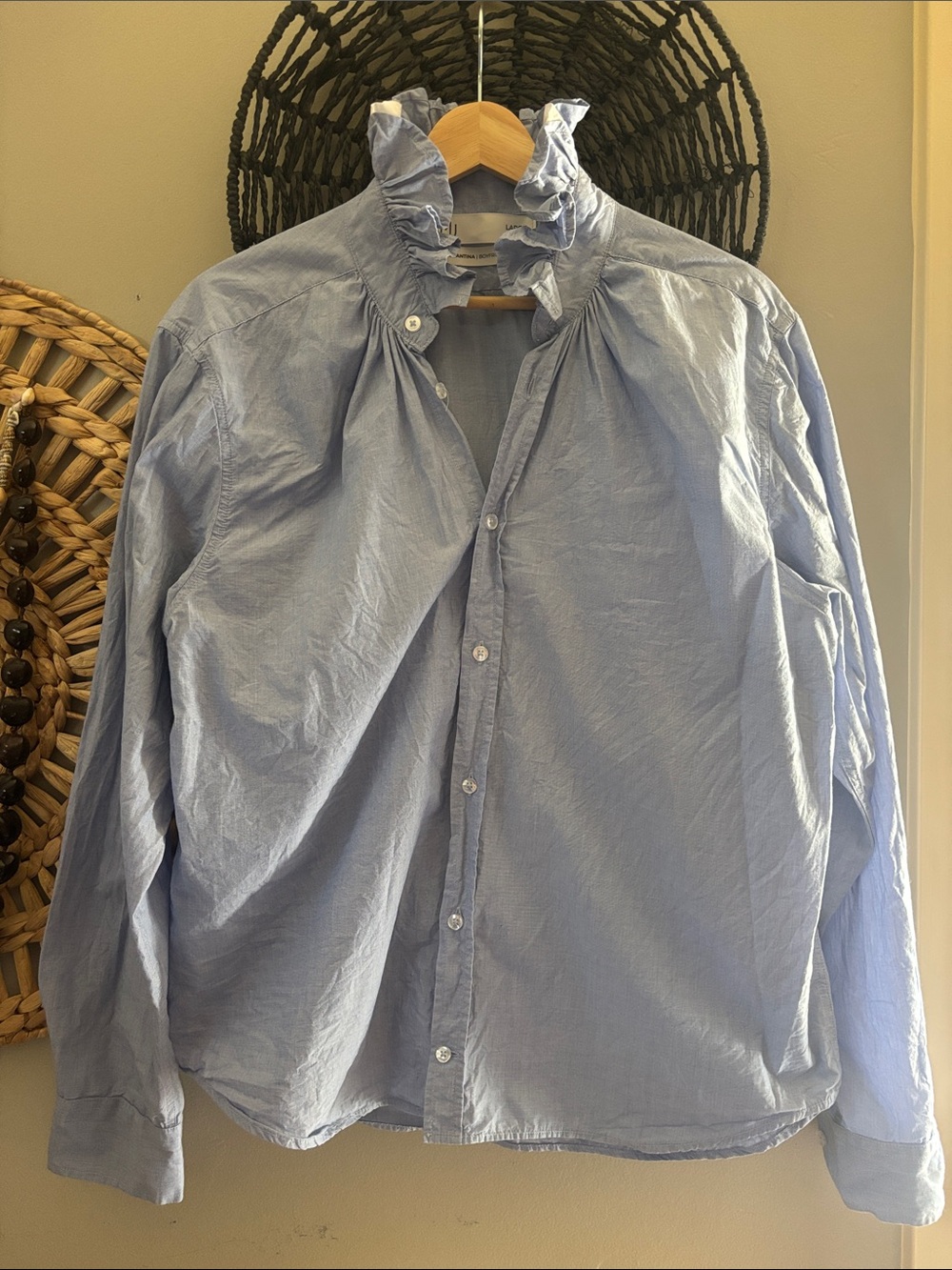 KMJ (Kate McHale Jensen) Chambray Quarantina Ruffle Collar Button-Up Shirt